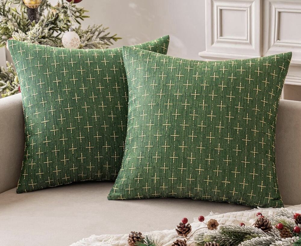 MIULEE Pack of 2 Christmas Decorative Burlap Linen Throw Pillow Covers Green